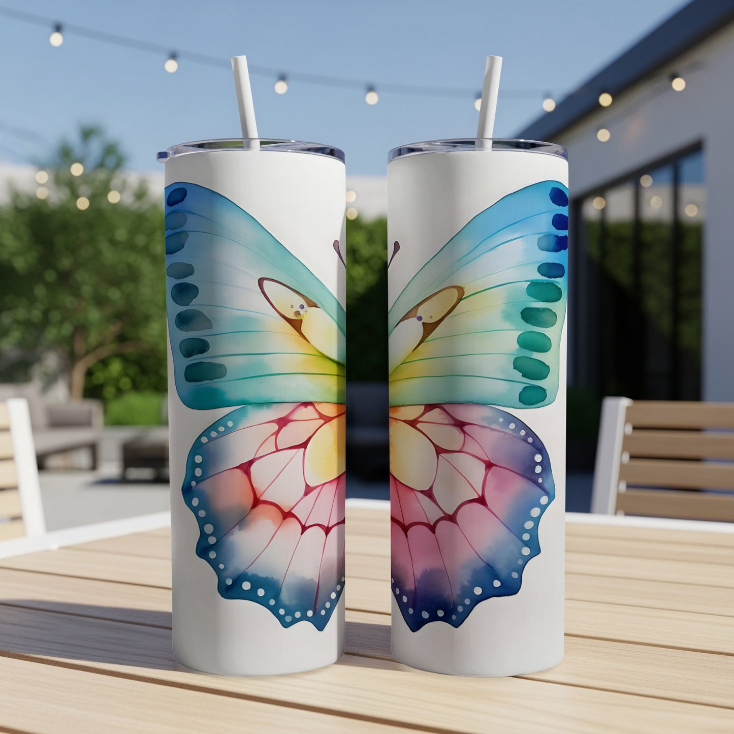 Two white tumblers with a watercolor butterfly design on a wooden table.