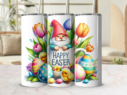 Easter gnome, chicks, and decorated eggs on a white tumbler with "Happy Easter" text.
