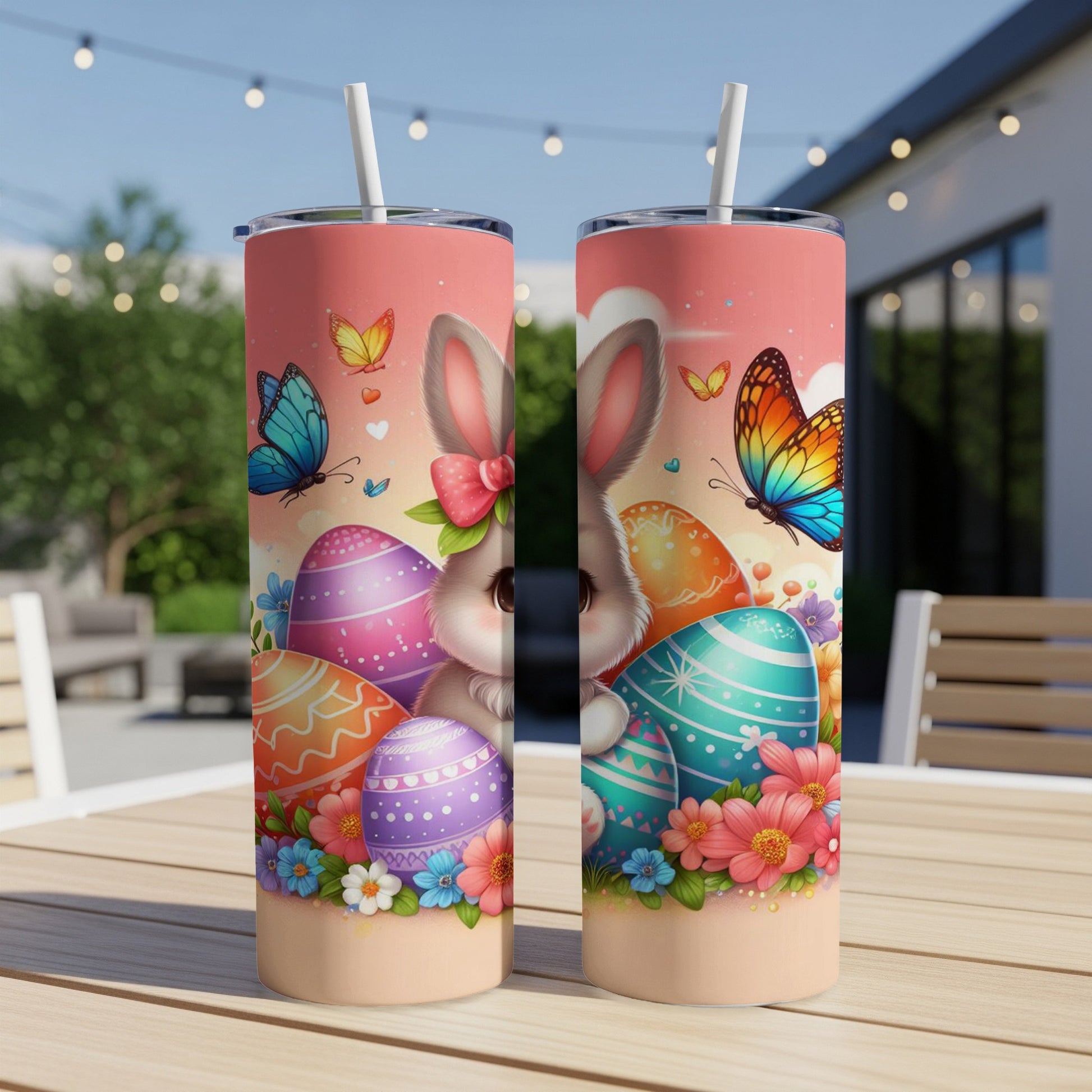 Easter bunny with colorful eggs and butterflies on a tumbler.