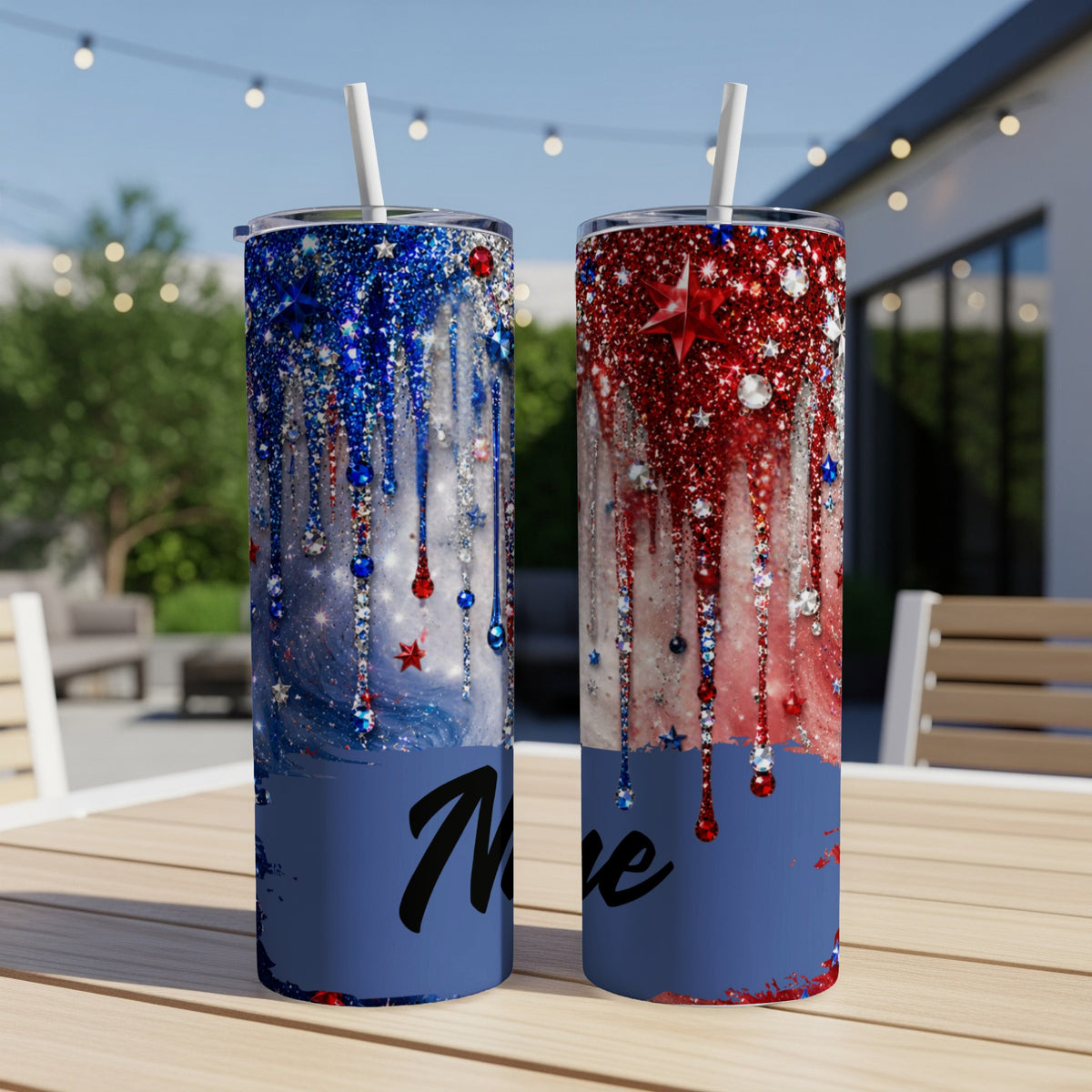 Two patriotic tumblers with glitter drips, stars, and the word "Nove" on a wooden table.
