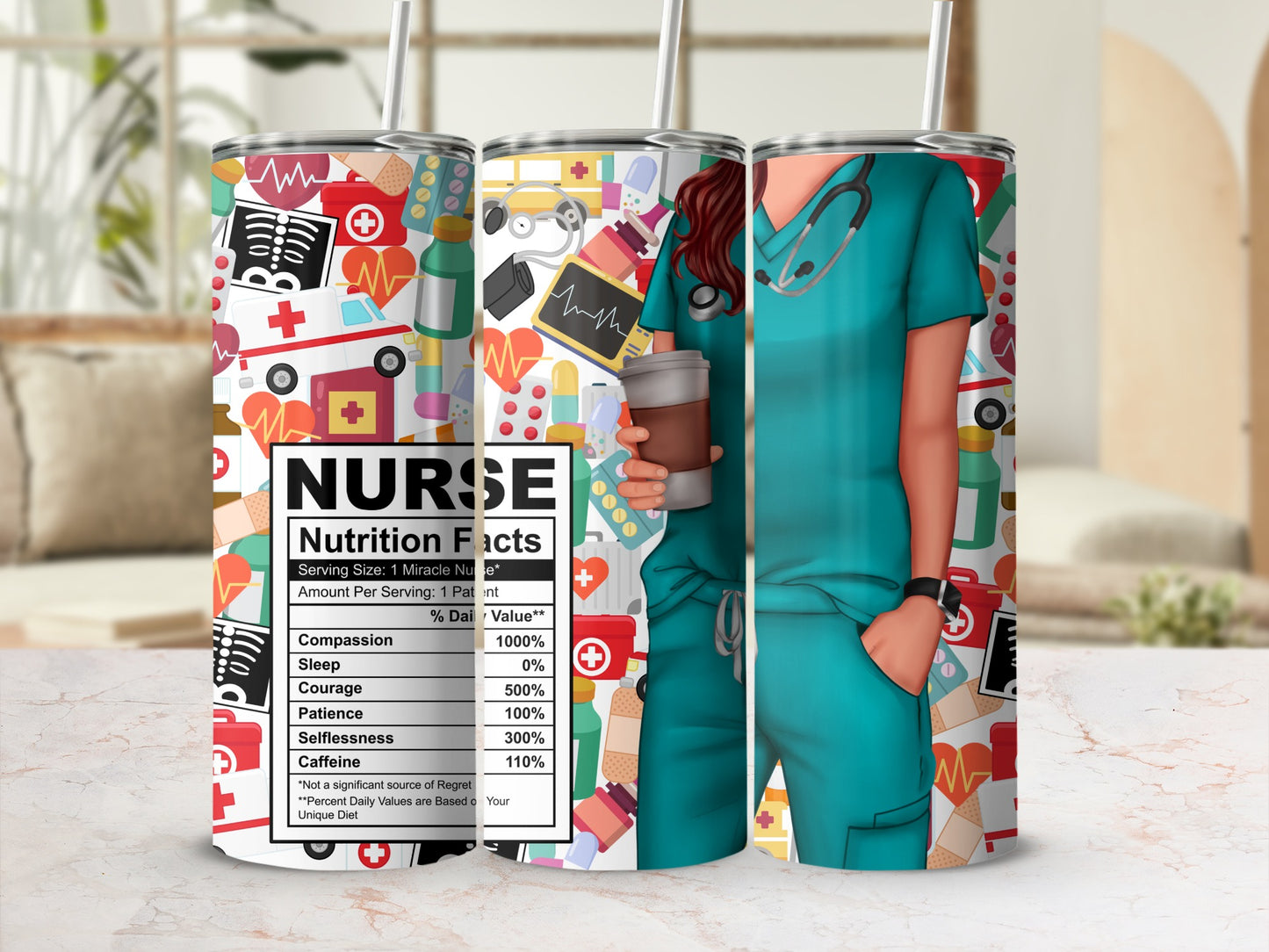Tumbler with nurse-themed pattern and "Nutrition Facts" label.