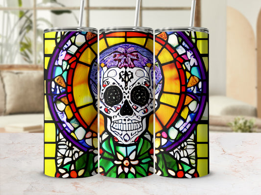 Three tumblers with a sugar skull design and stained-glass window background.
