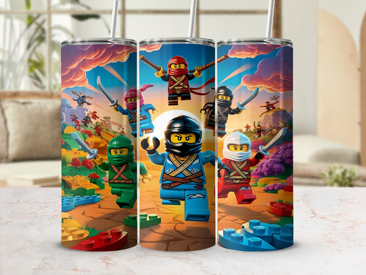 Ninjago characters fighting on colorful LEGO bricks.