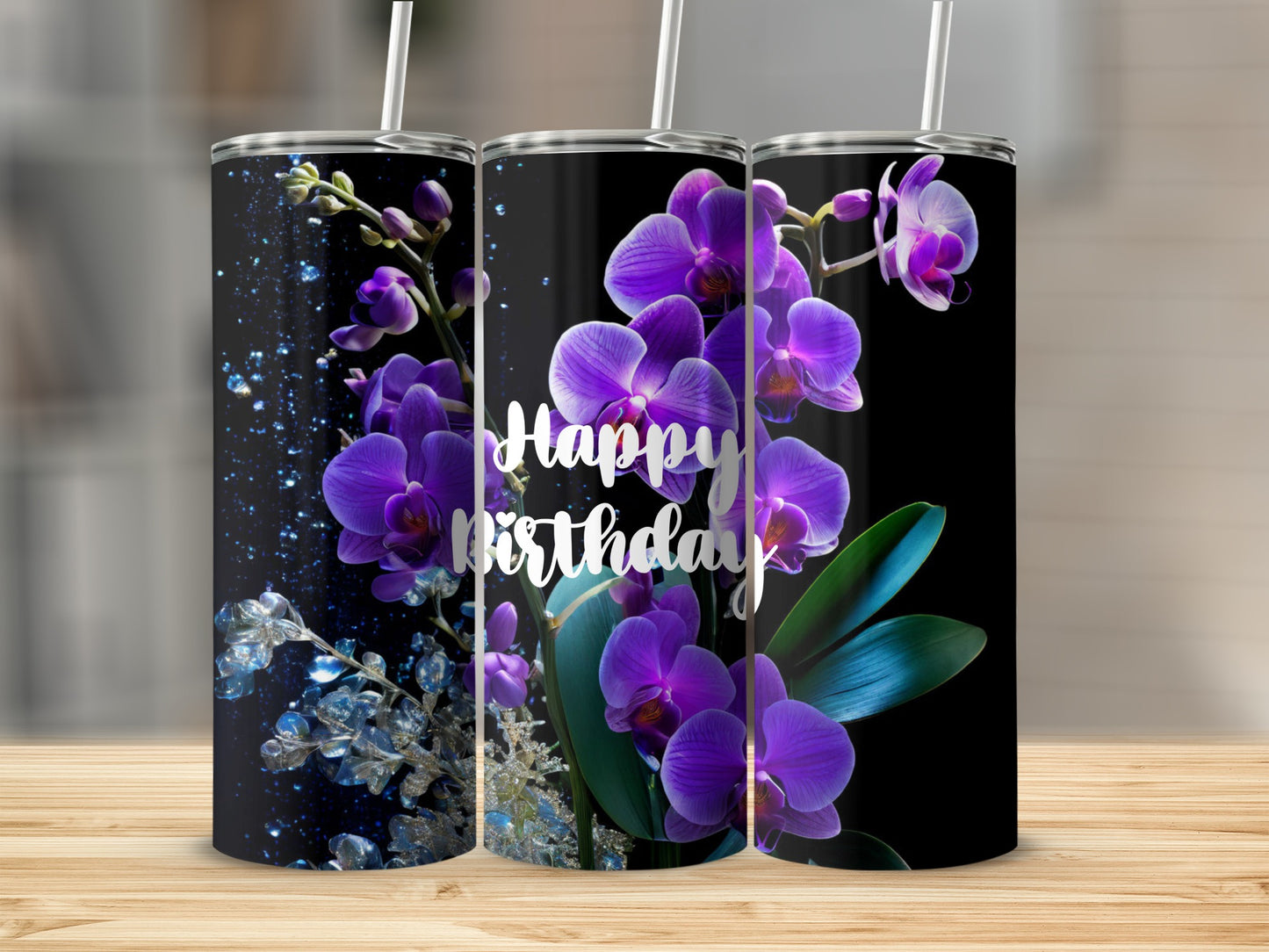 Purple orchids and text "Happy Birthday" on a black tumbler.