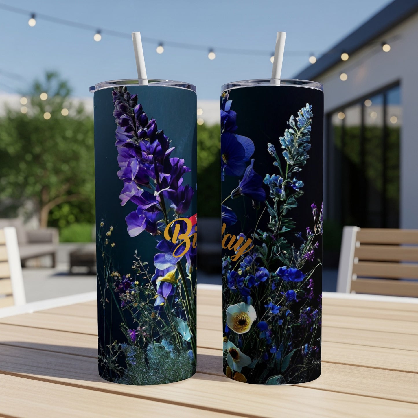 Tall tumbler with "Birthday" text and a dark floral design.