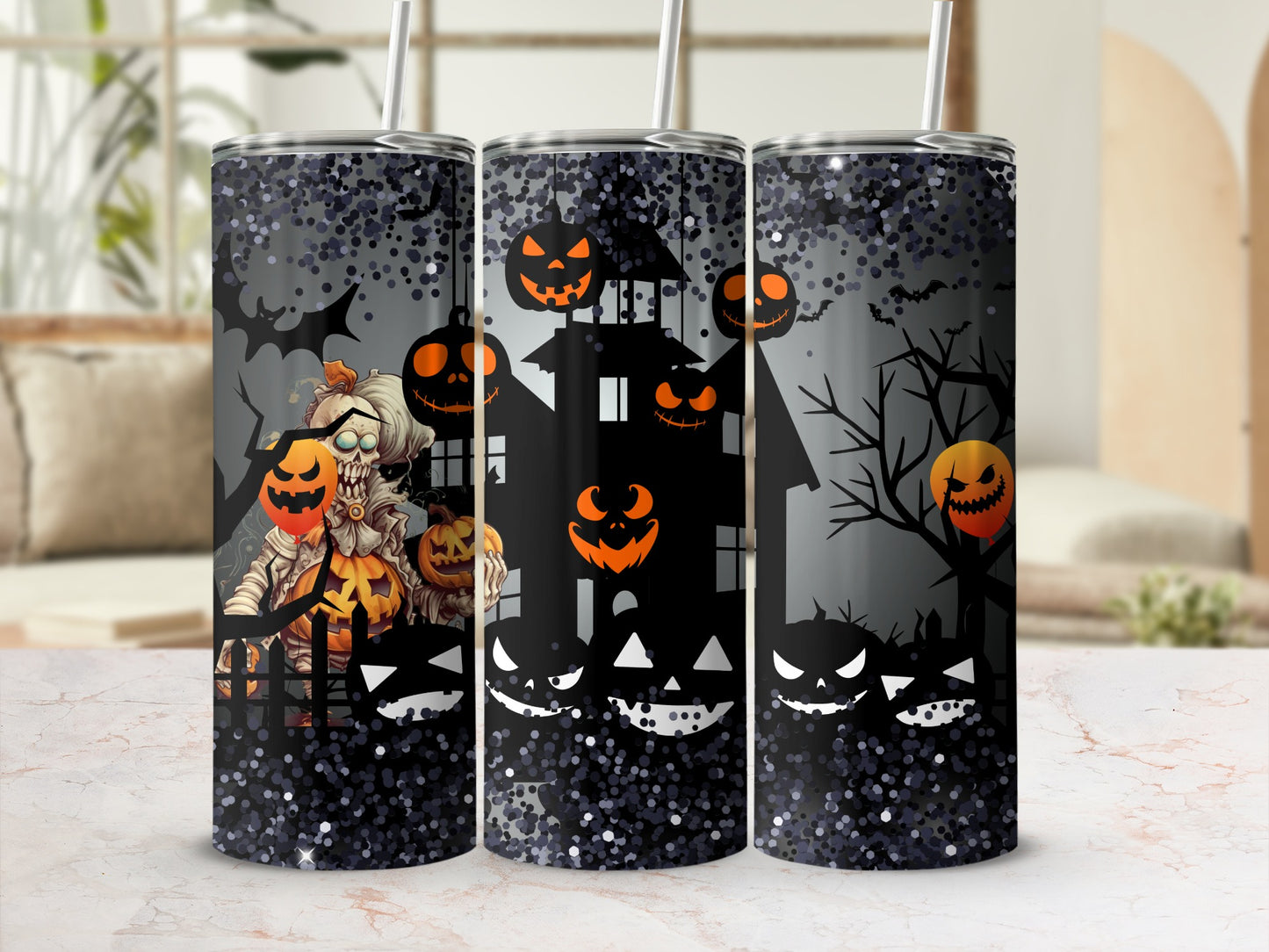 Spooky Halloween Scene Tumbler with Pumpkins and Zombies