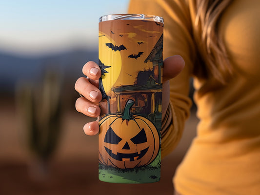 Spooky Halloween Pumpkin and Haunted House Tumbler