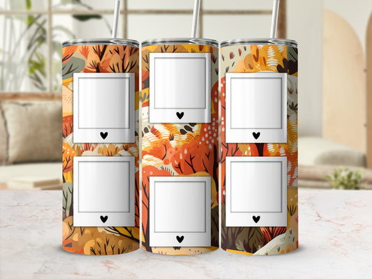 Tumbler with a fall forest scene and four blank photo frames.