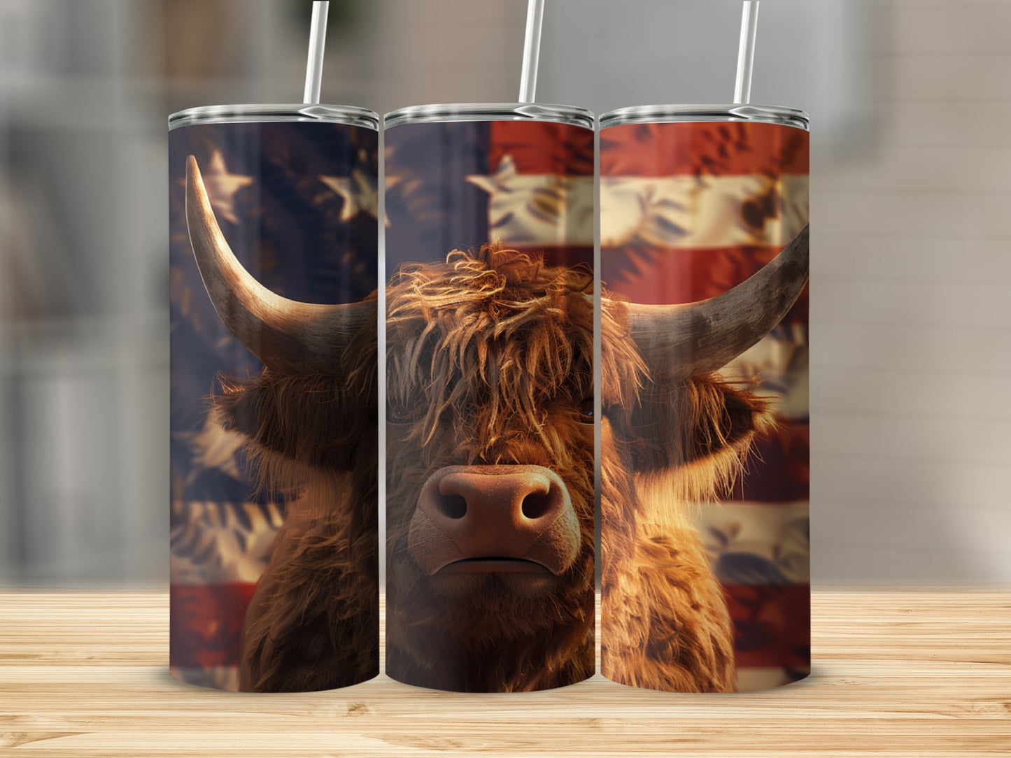 Highland cow with American flag background on a tumbler.