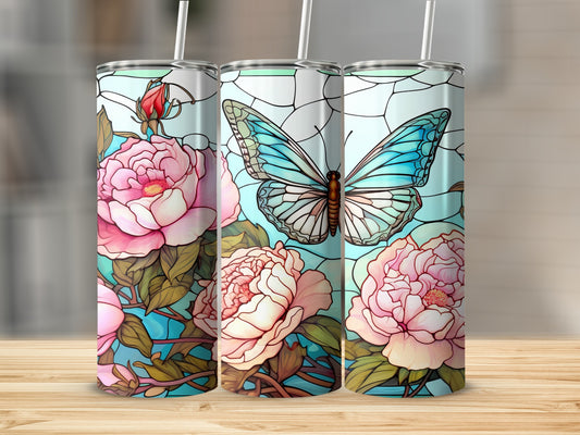 Three tumblers with pink roses and a blue butterfly in stained glass style.