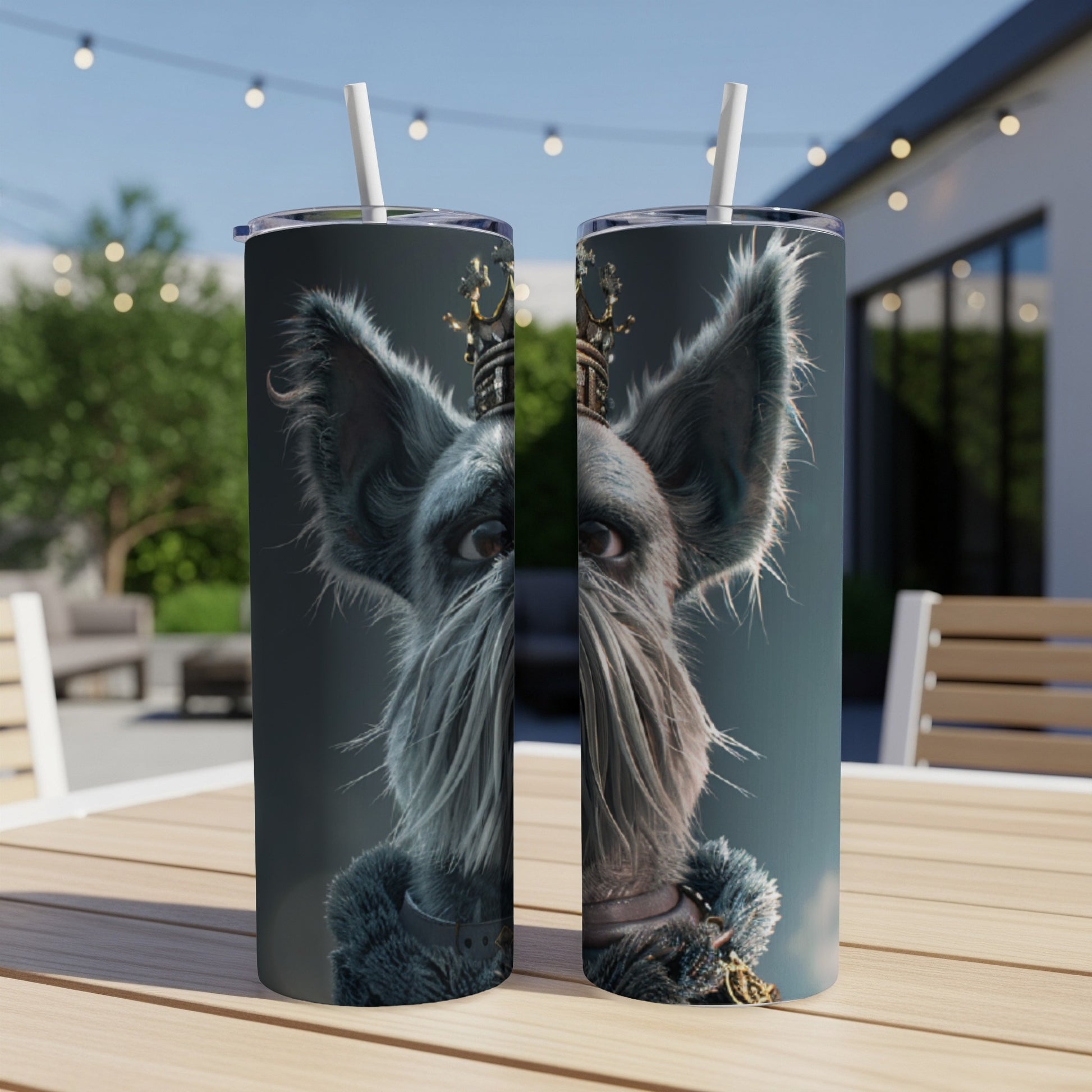 Scottie dog wearing a crown and fur collar, displayed on two tumblers.
