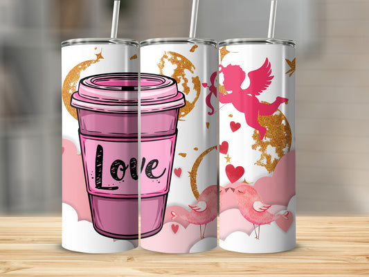 Cute Love Themed Tumbler with Pink Coffee Cup and Hearts