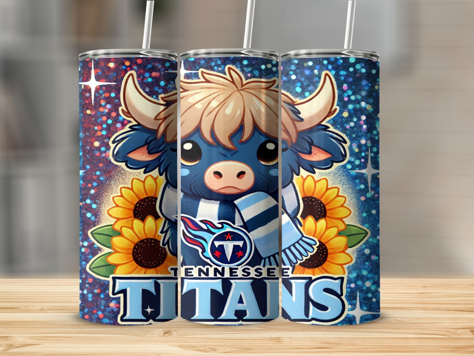 Tennessee Titans buffalo with sunflowers and glitter background.