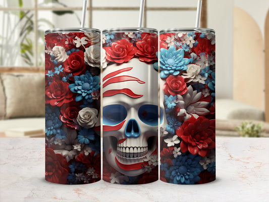 Skull with red, white, and blue flowers and stripes.