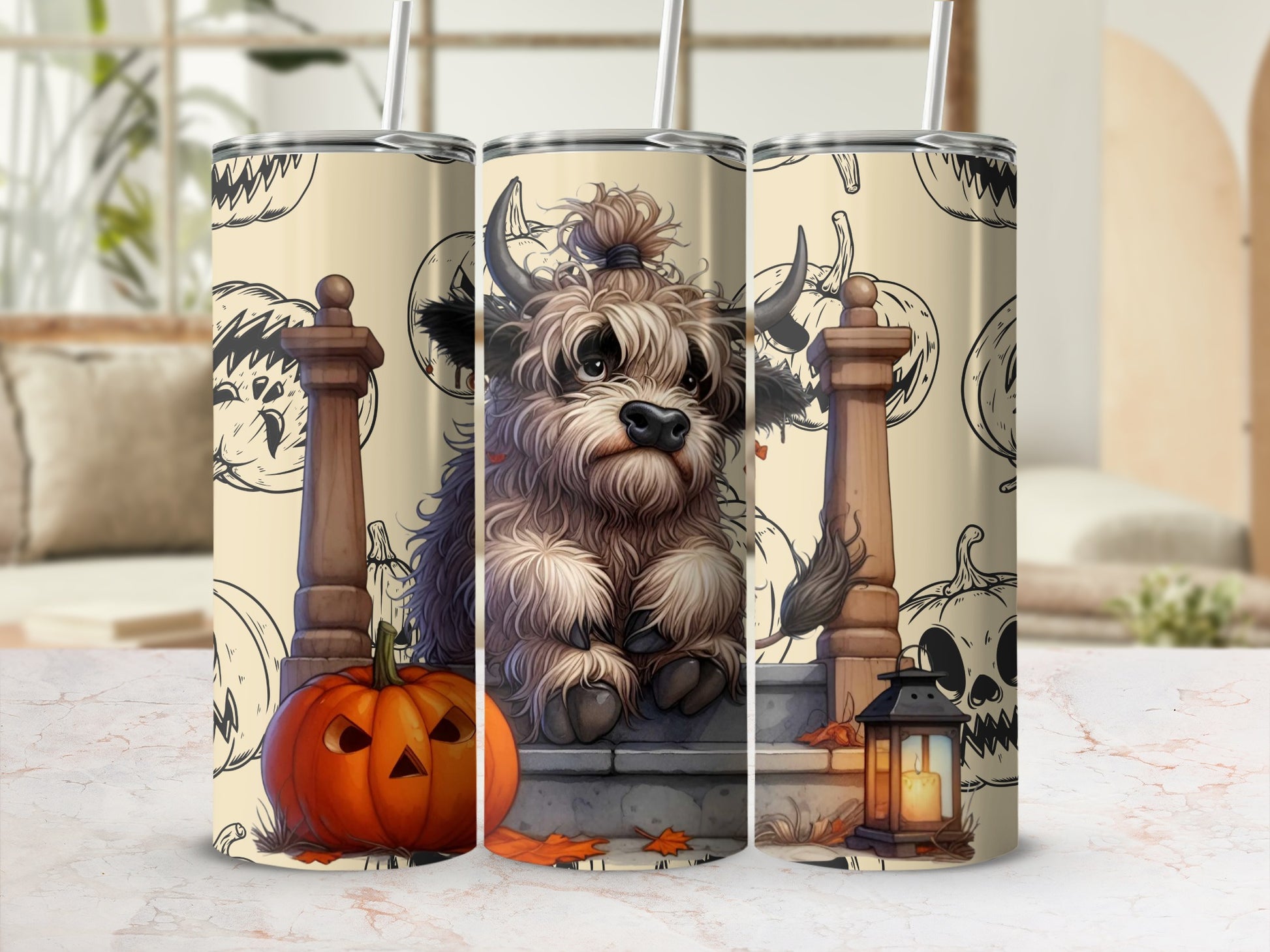 Halloween Dog Tumbler with Pumpkin and Lantern Art Design