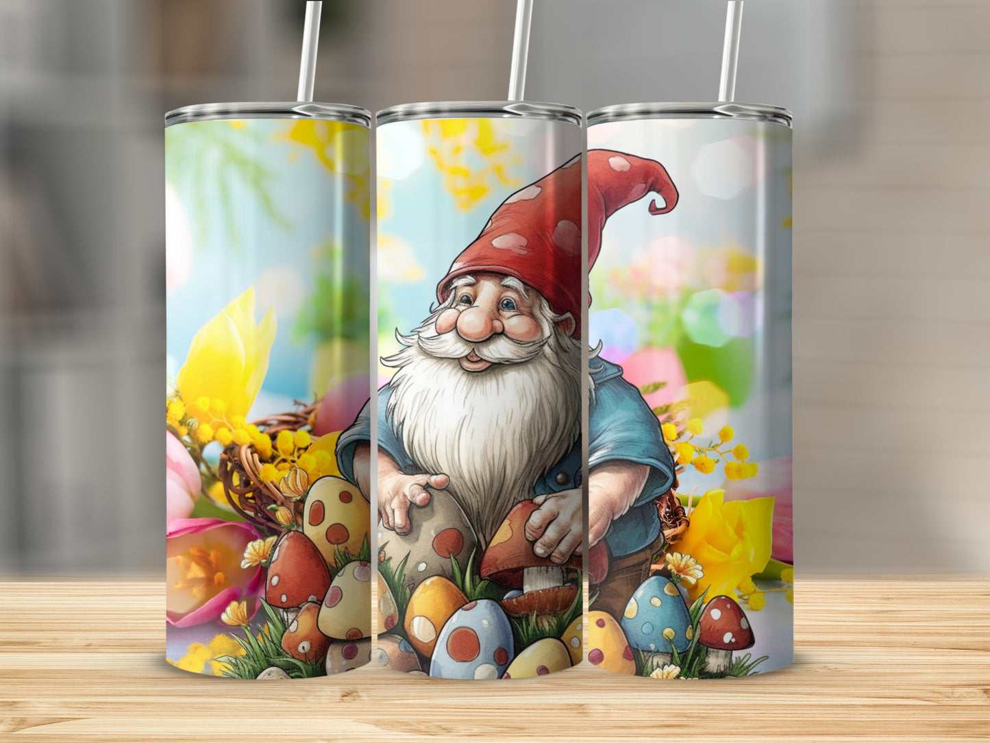 Cheerful Gnome with Colorful Mushrooms Tumbler Product