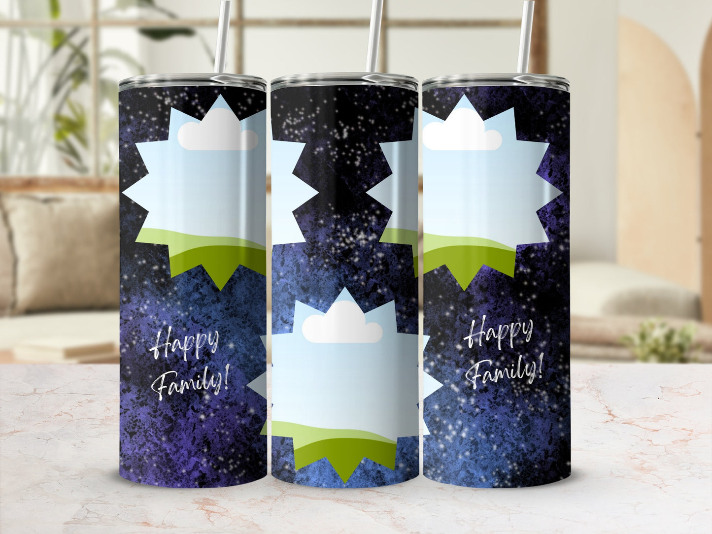 Three tumblers with a starry night background and "Happy Family!" text.