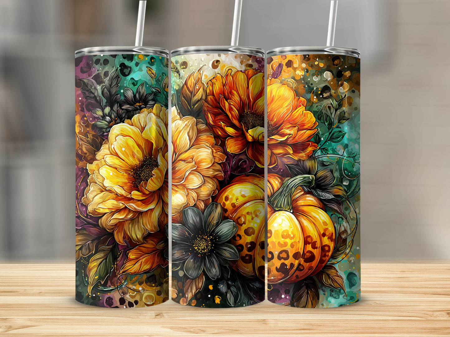 Bright and Colorful Floral and Pumpkin Tumbler