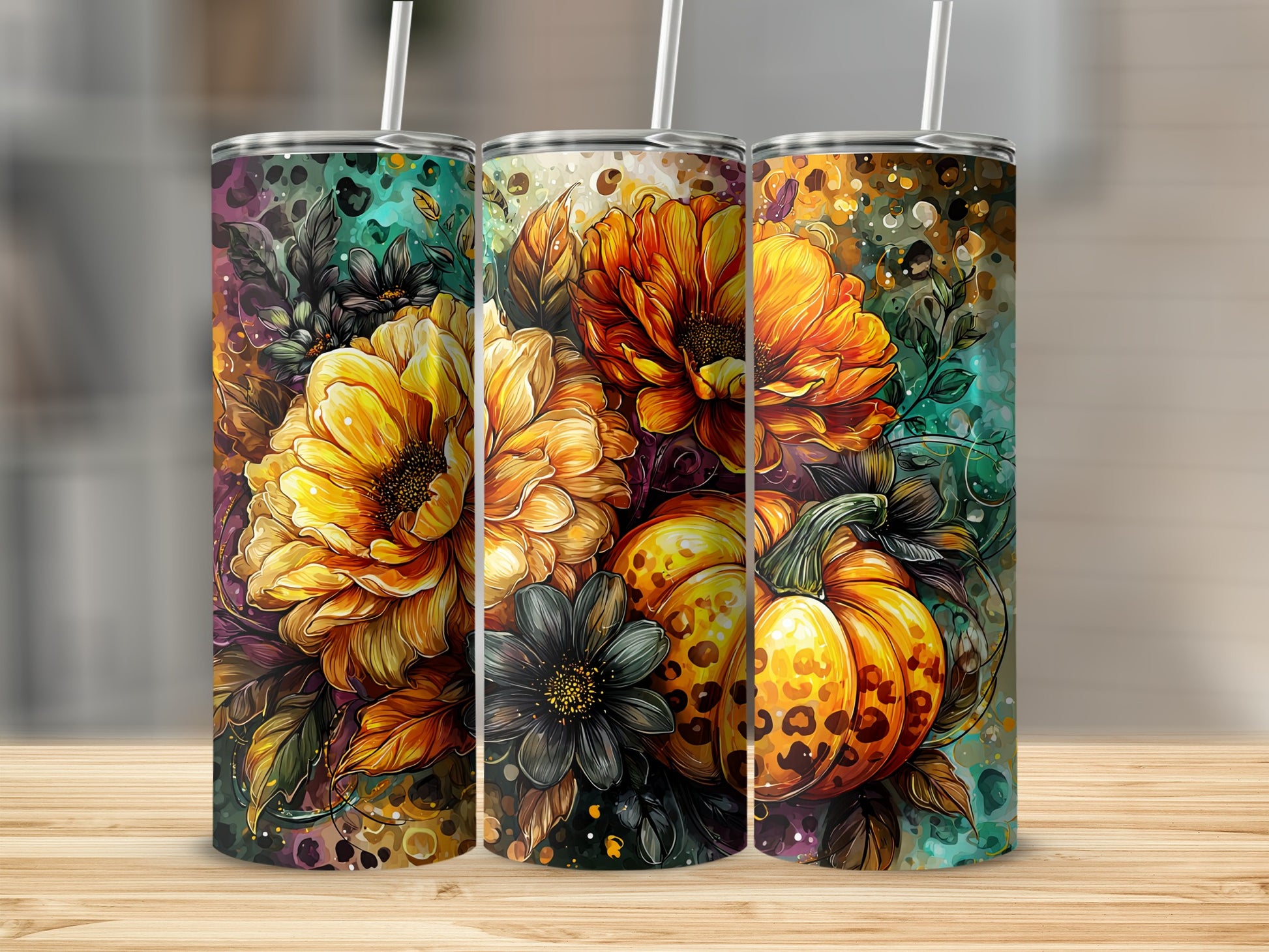 Bright and Colorful Floral and Pumpkin Tumbler