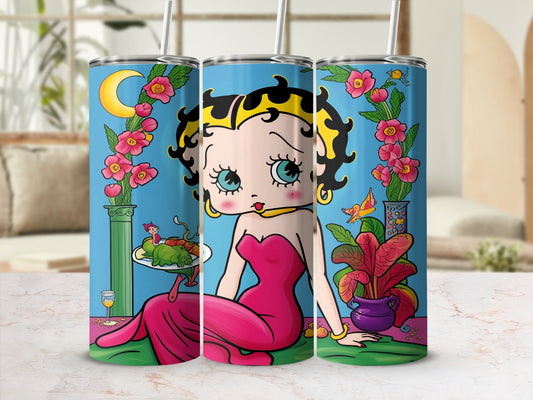 Betty Boop in a pink dress holding a tray with food, against a floral background.
