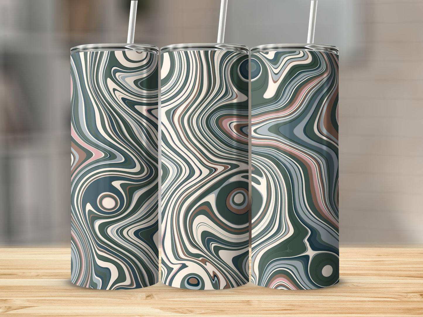 Marble Swirl Abstract Green Tan and Pink Art Tumblers