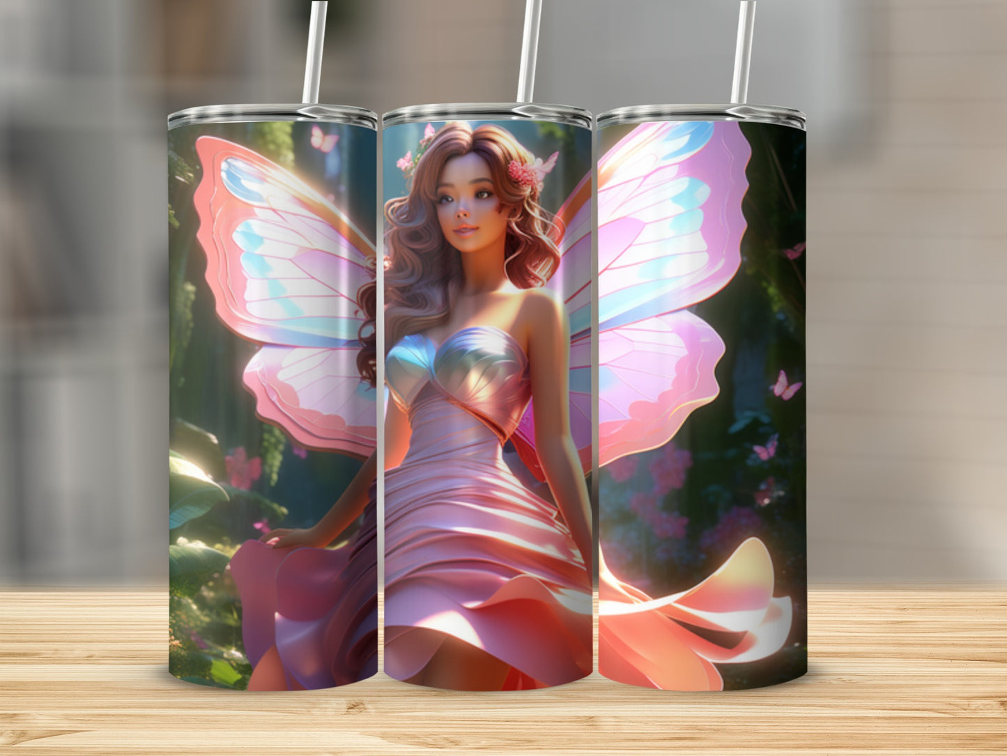 Pink fairy with iridescent wings in a satin gown, holding a straw.