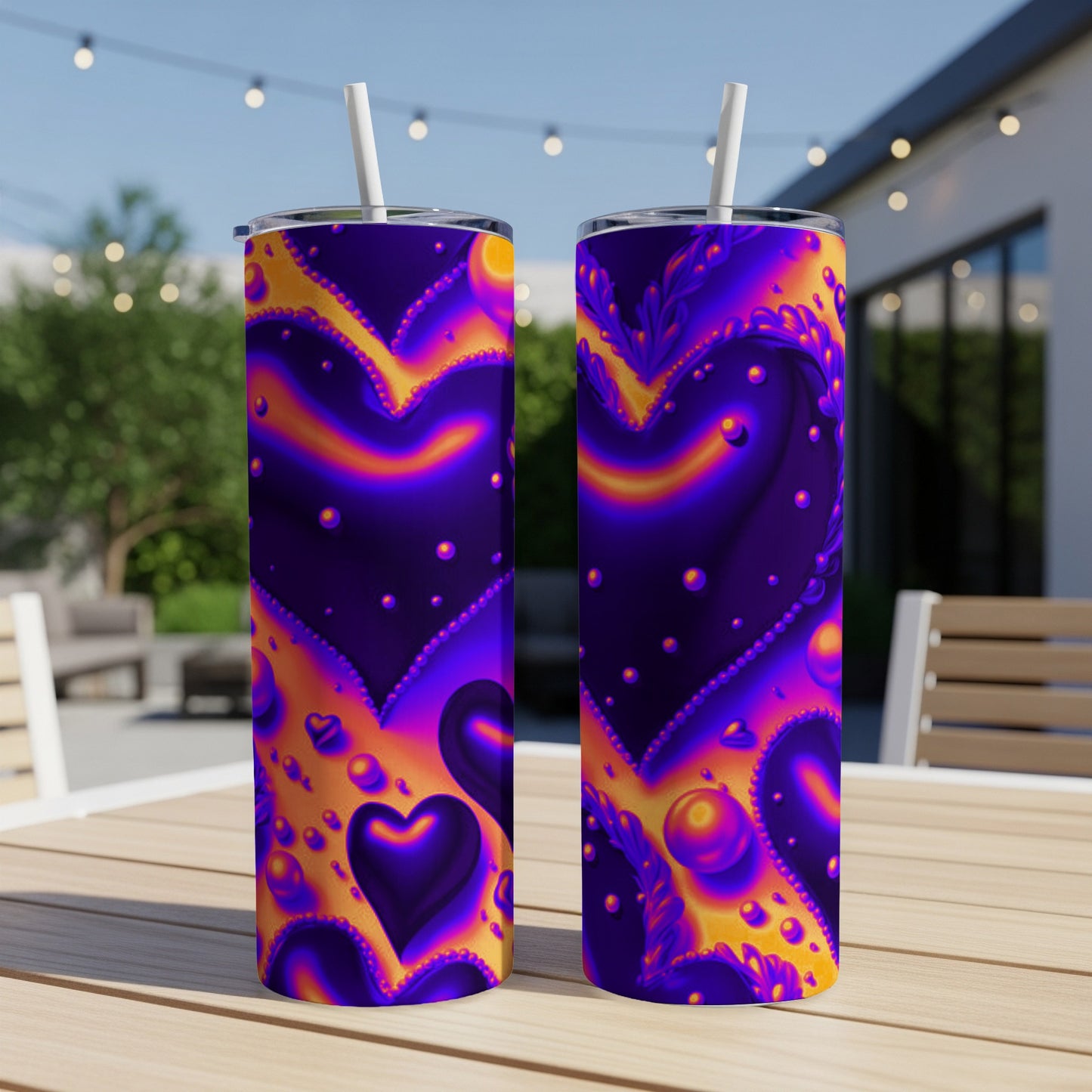 Two purple tumblers with ornate heart designs in vibrant yellow and orange.