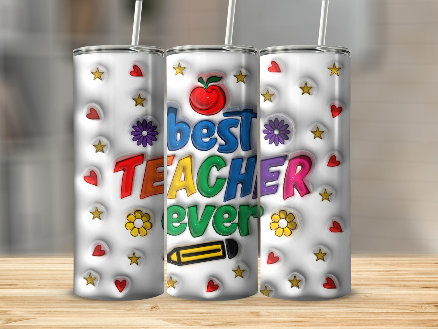 Best Teacher Ever with Apple Star Hearts and Flowers Tumblers