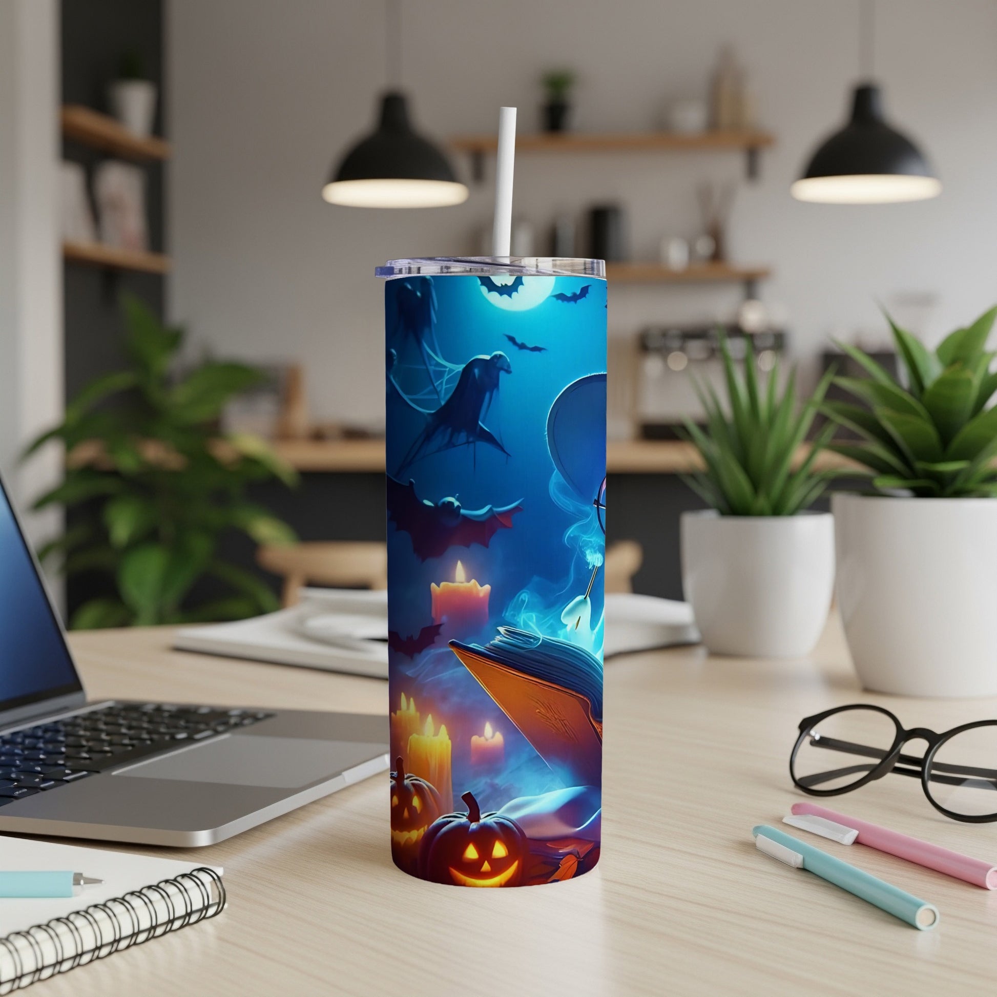 Halloween tumbler with spooky night scene, bats, candles, and pumpkins.