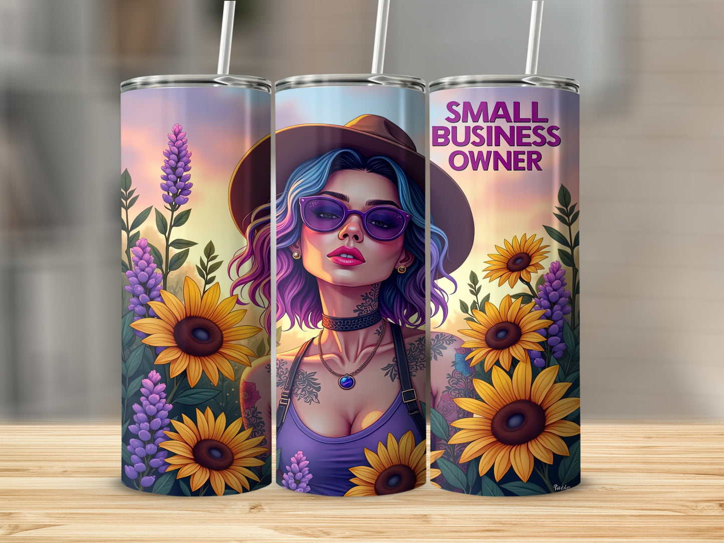 Woman with blue hair wearing sunglasses, sunflowers, and "Small Business Owner" text.