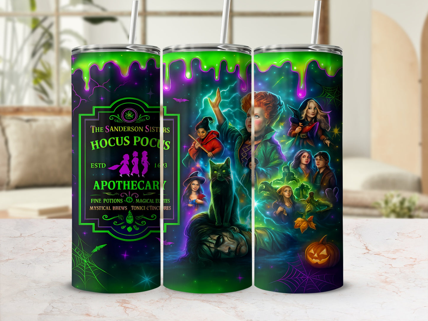 Sanderson Sisters Hocus Pocus Apothecary design with characters, cat, and pumpkin.