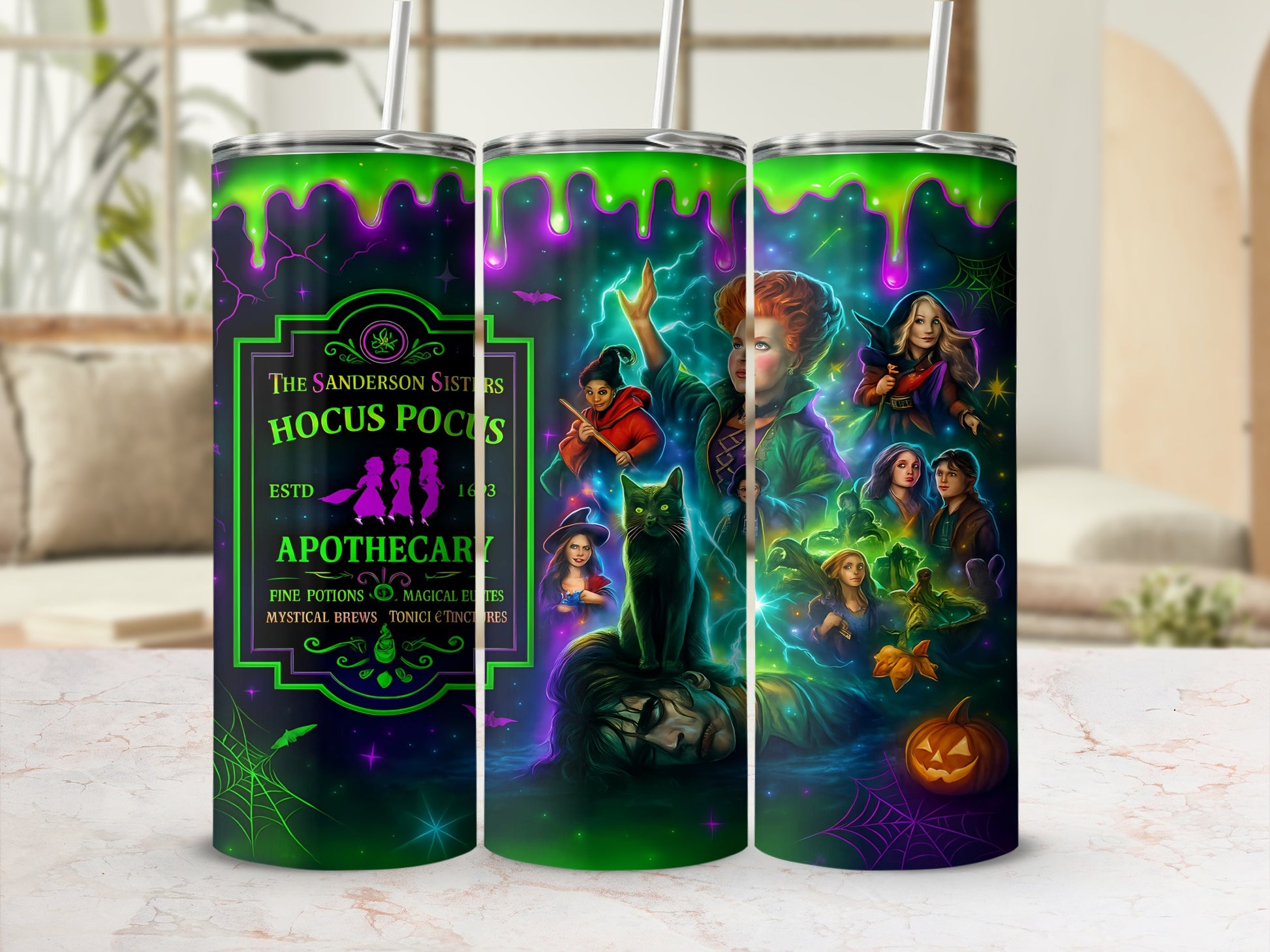 Sanderson Sisters Hocus Pocus Apothecary design with characters, cat, and pumpkin.