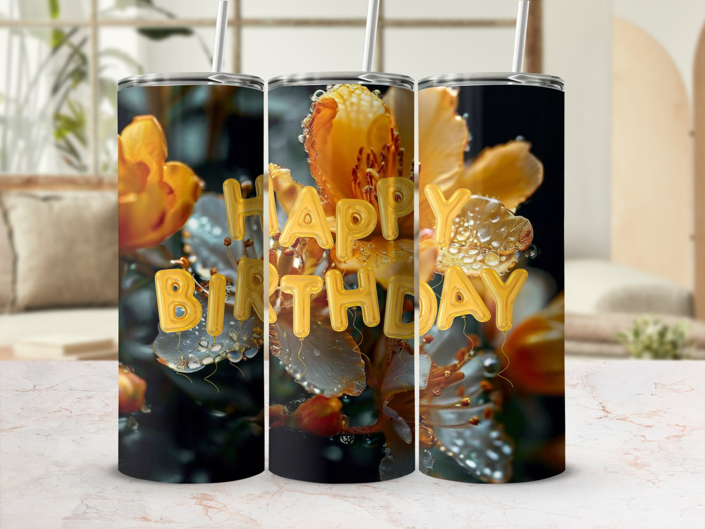 Happy Birthday tumbler with floral water droplets design.