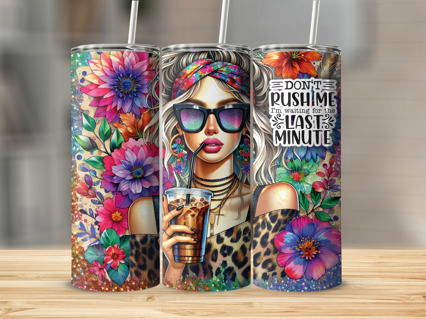 Woman with colorful headband and sunglasses holding iced coffee, with glittery floral accents.
