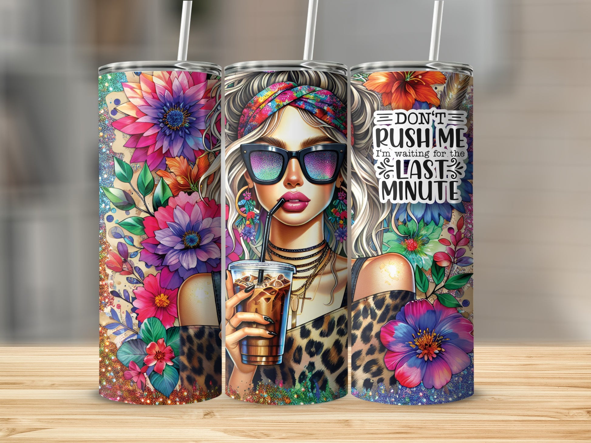 Woman with colorful headband and sunglasses holding iced coffee, with glittery floral accents.