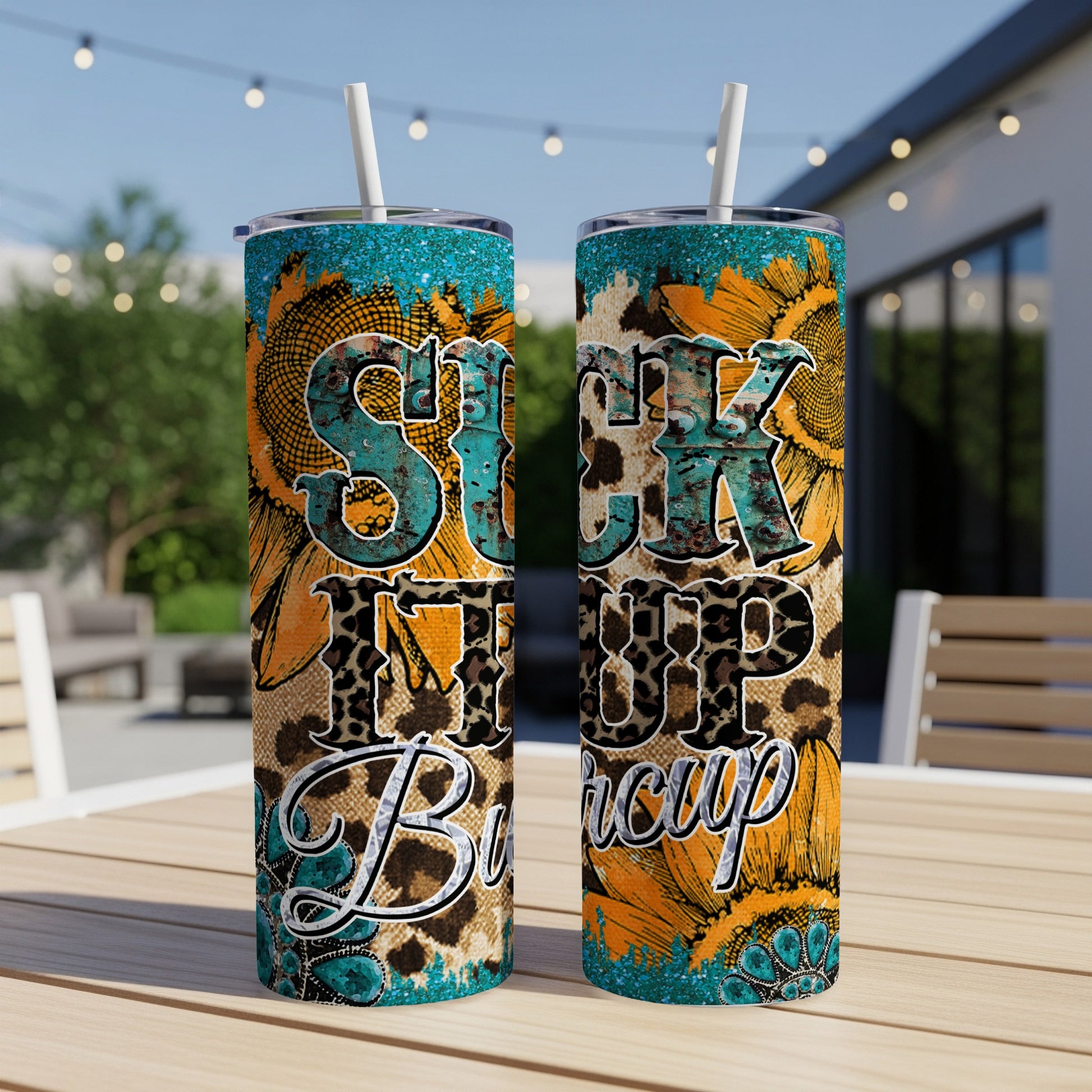 Sunflower and leopard print "Shuck it up Buttercup" tumbler with straw.