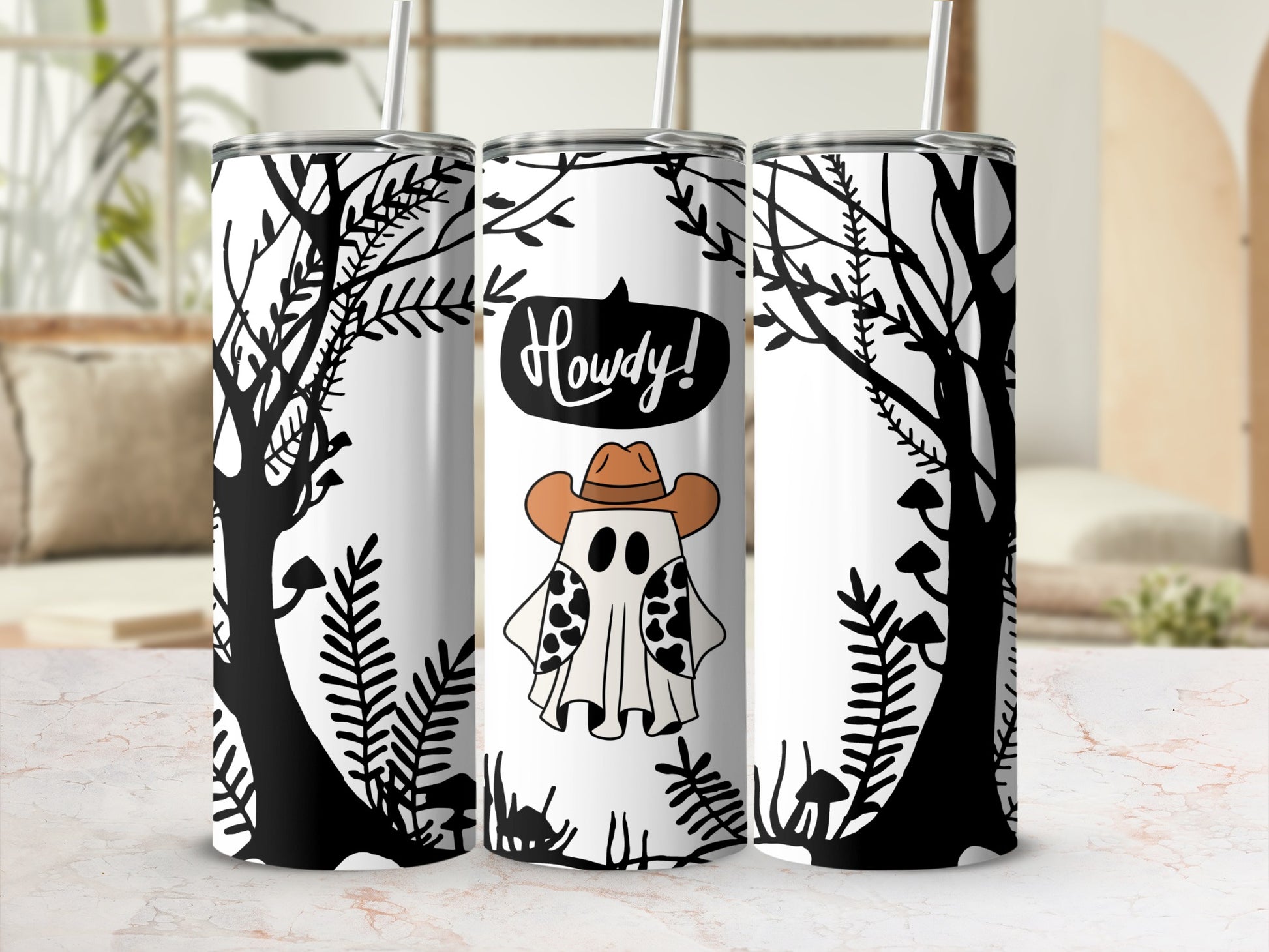 Howdy Ghost with Hat and Forest Design Drink Tumblers