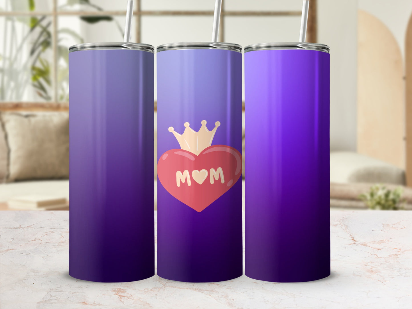 Purple gradient tumbler with heart and crown design.