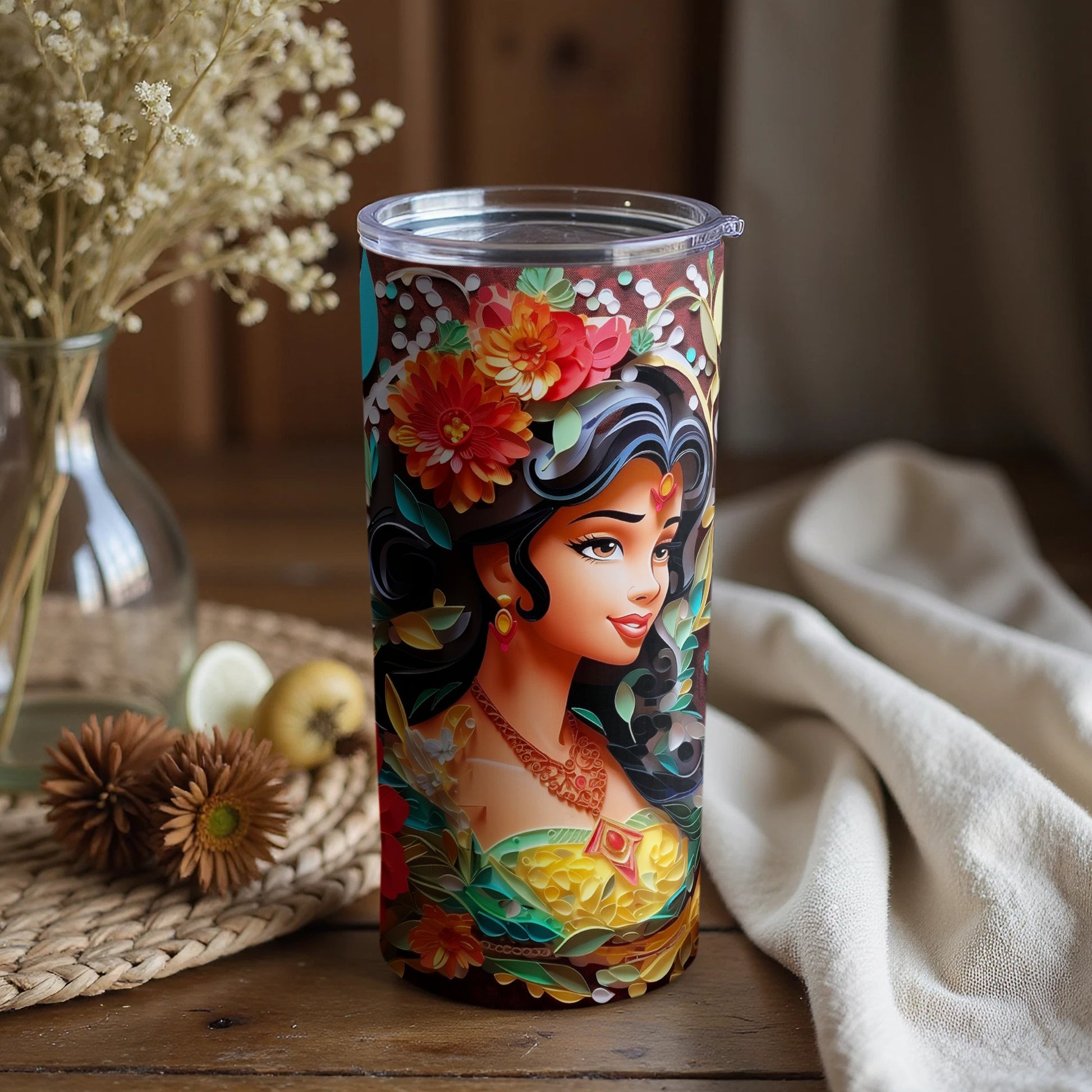 Vibrant Floral Design Tumbler with Artistic Portrait
