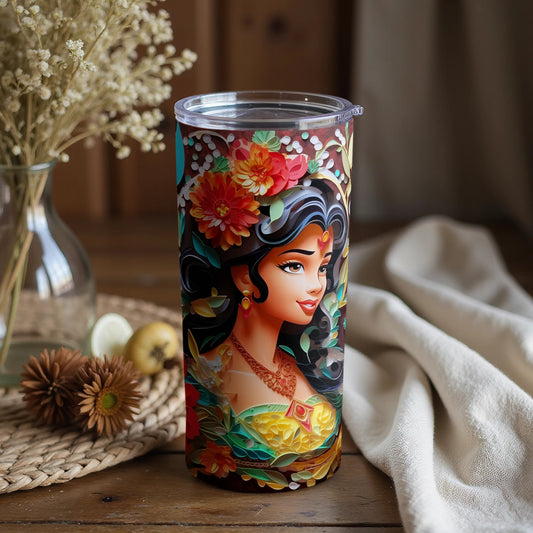 Vibrant Floral Design Tumbler with Artistic Portrait