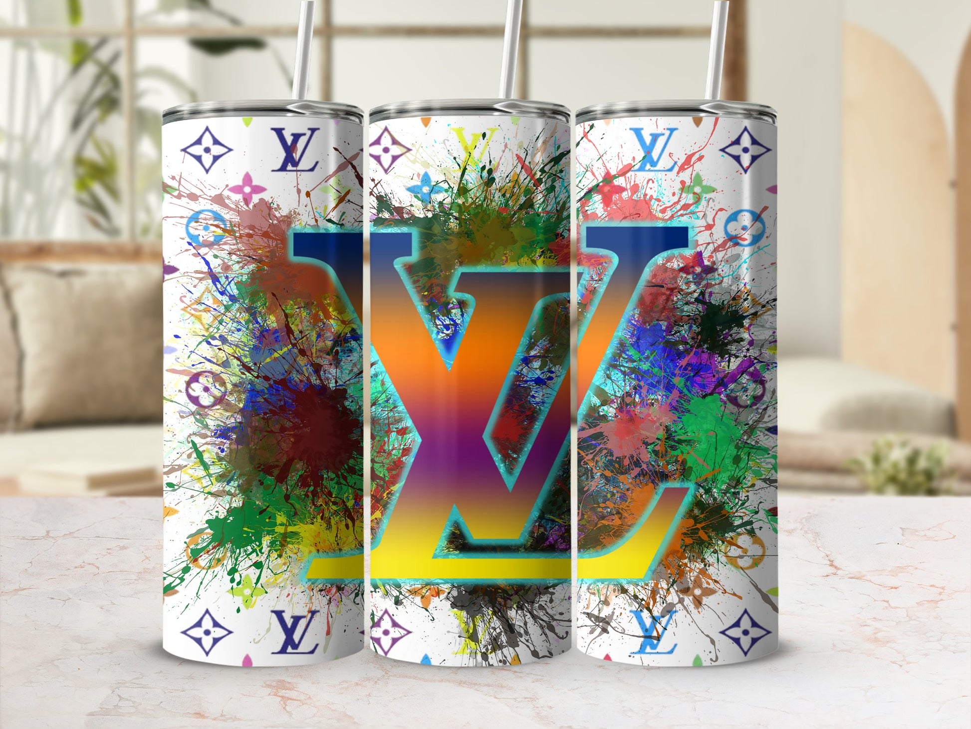 Colorful Splatter Design Initial Letters Tumbler