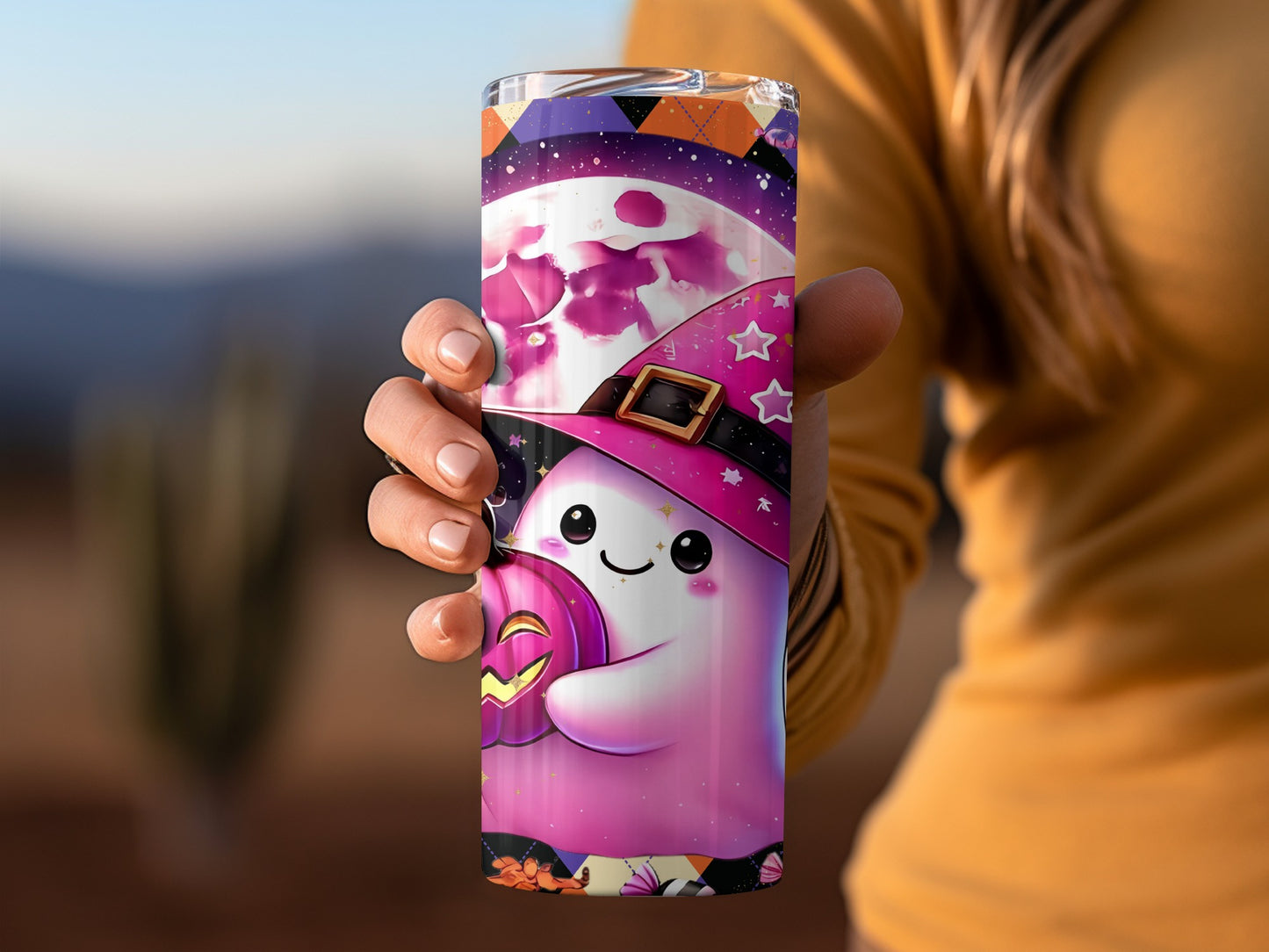 Cute Ghost with Pumpkin Witch Hat Tumbler Halloween Decor