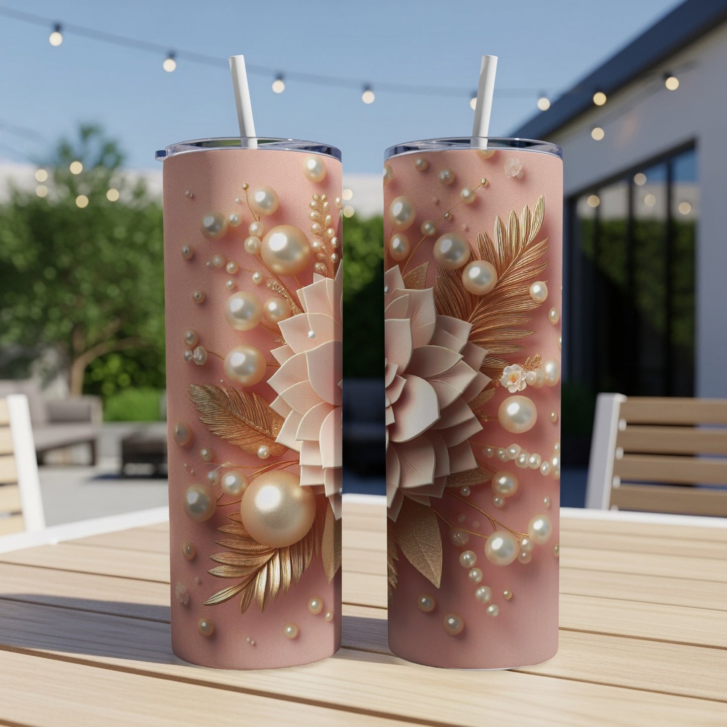 Two tall pink tumblers with pearl and gold floral design.