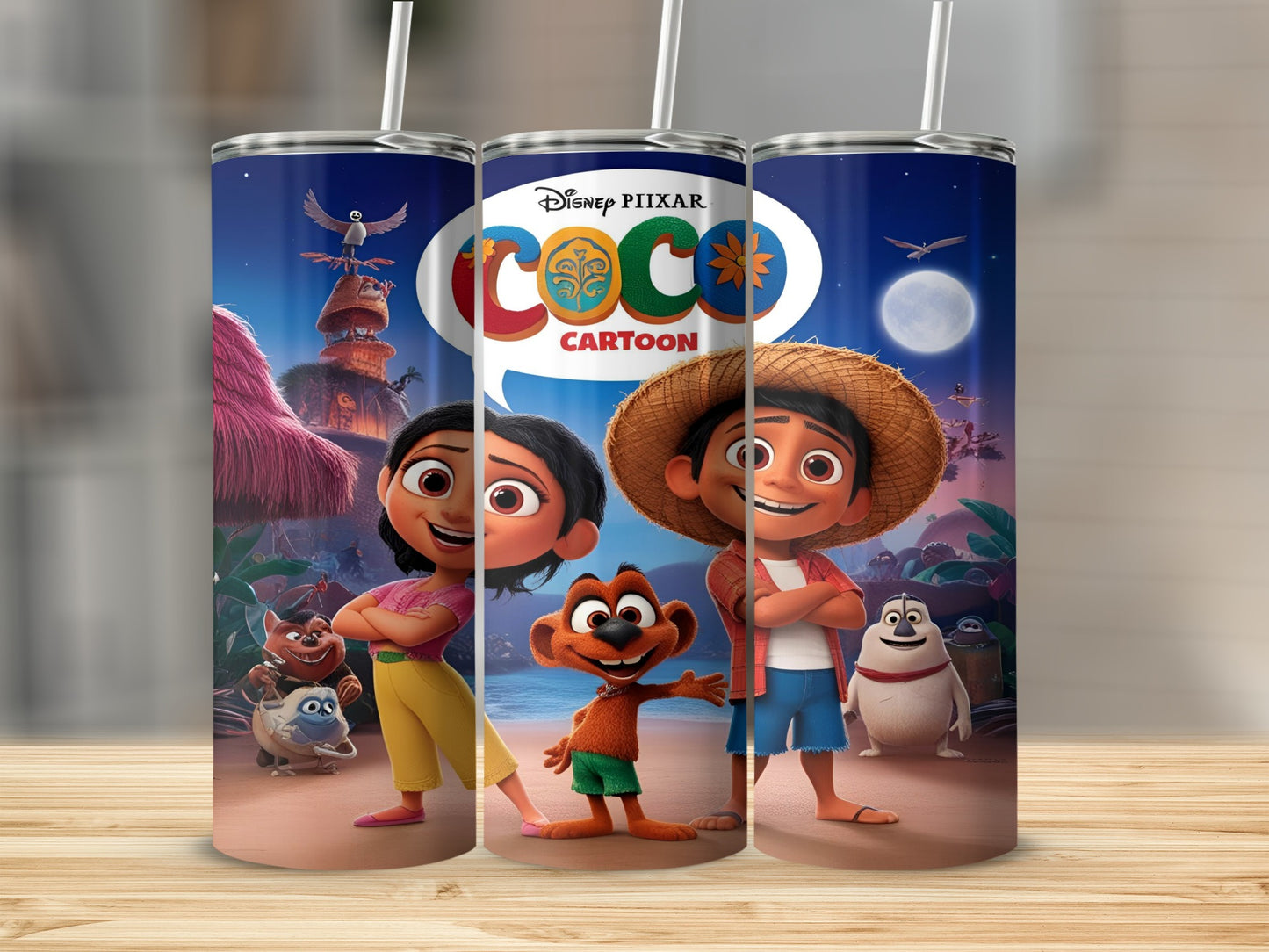 Coco movie characters Miguel, Hector, and Dante on a blue tumbler.