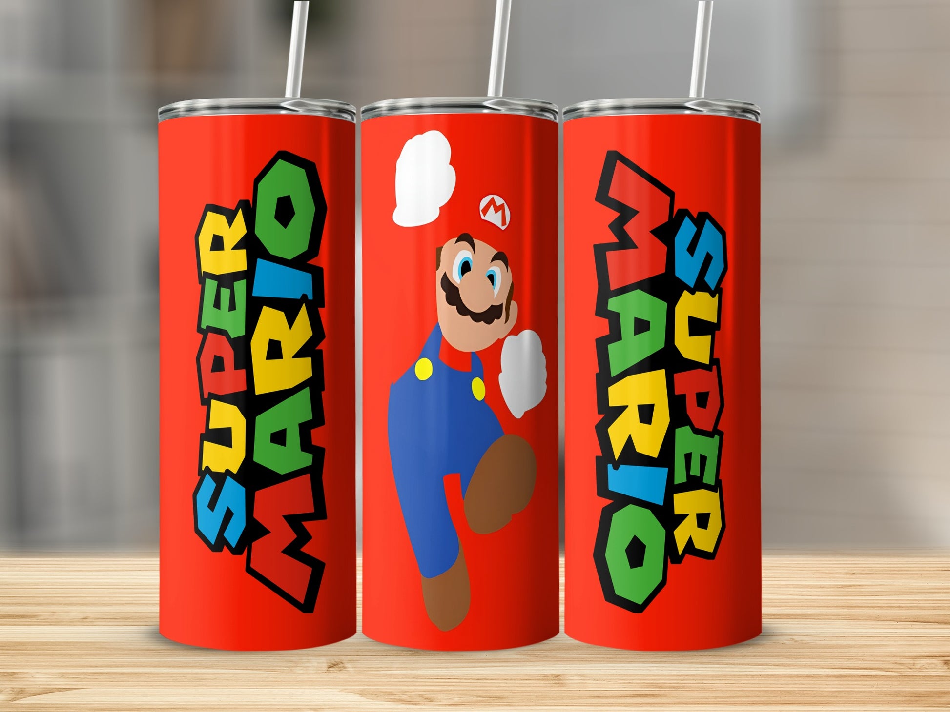 Red tumbler with "Super Mario" text and Mario character.