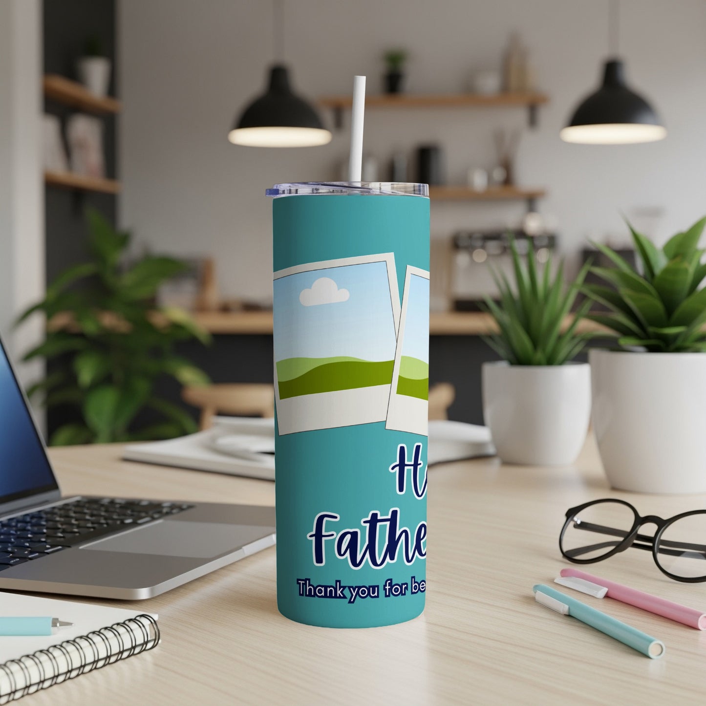 Teal tumbler with landscape photos and text "Happy Father's Day Thank you for be".