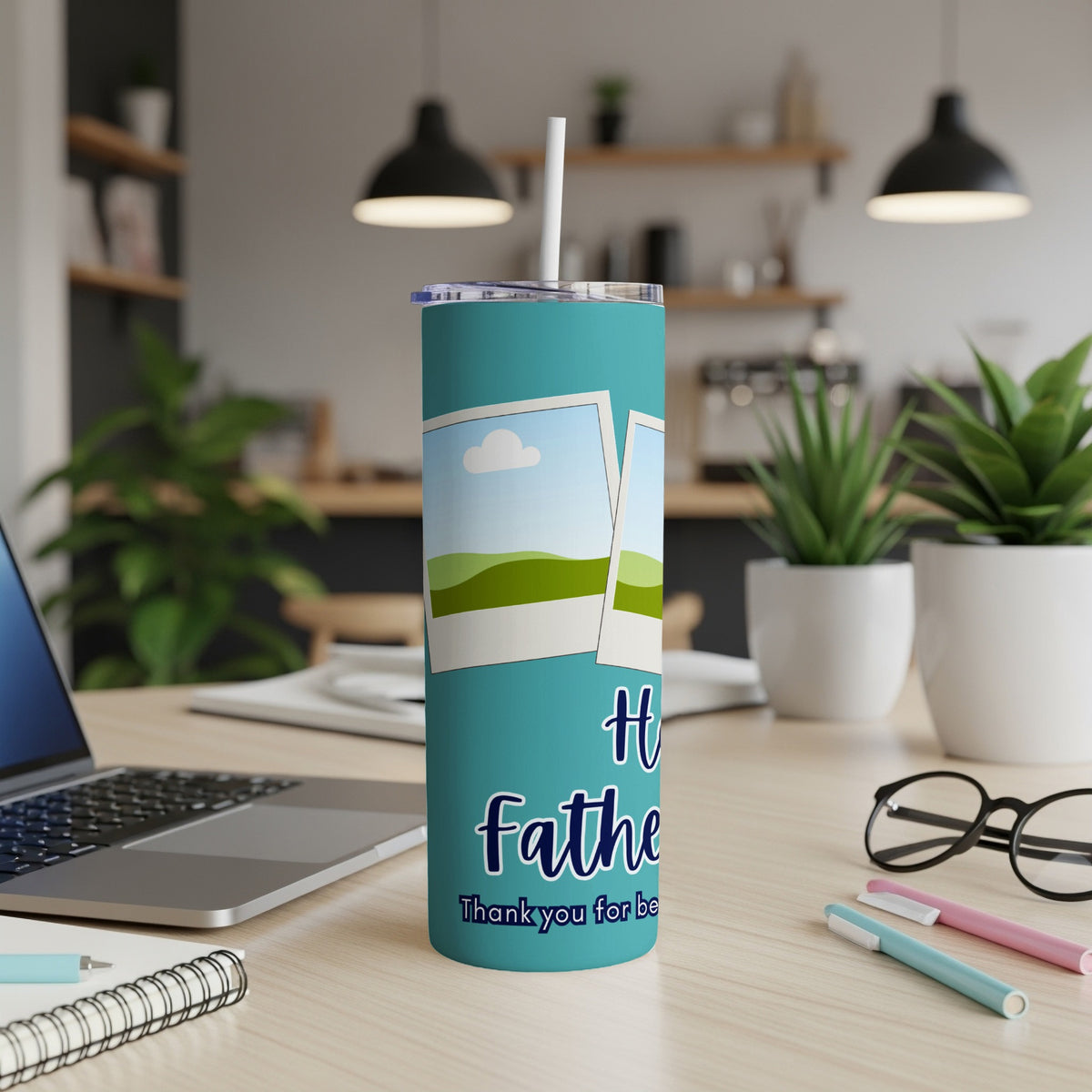 Teal tumbler with landscape photos and text "Happy Father's Day Thank you for be".