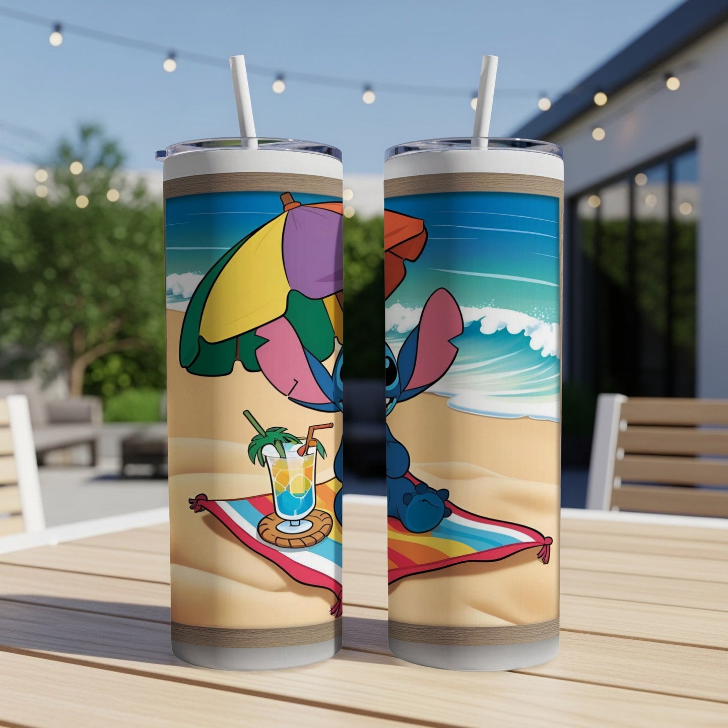 Tiki-themed Stitch tumbler with beach scene and drink.