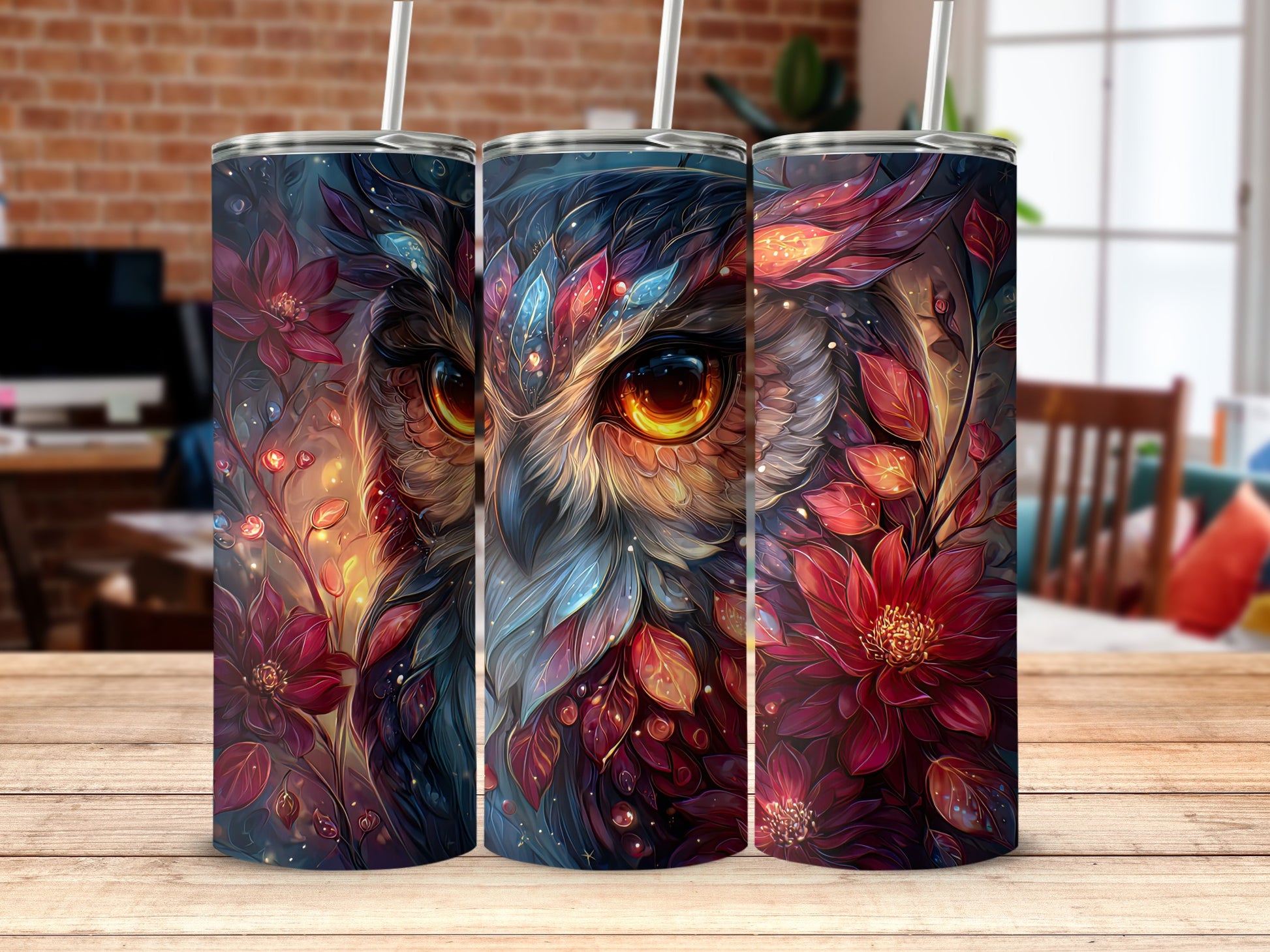 Vibrant Flowers and Owls Design Tumbler Product