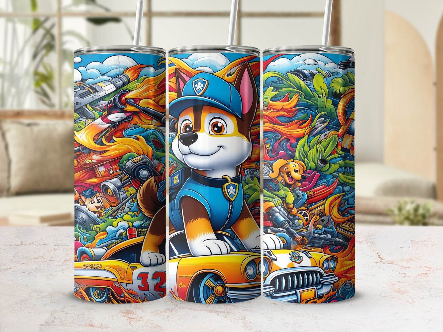 Vibrant Cartoon Vehicle and Dog Design Tumbler Cup